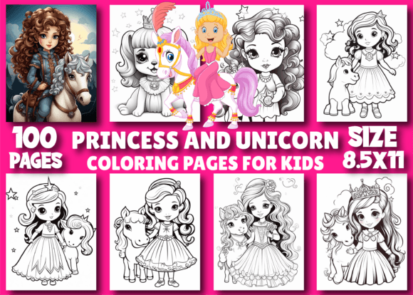 Princess and Unicorn Coloring Pages: Design Assets
